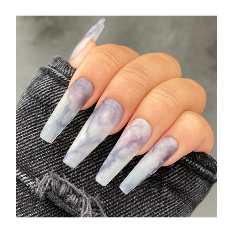 Factory Supplying Long Coffin Grey Artificial Nails Acrylic Handmade 24Pcs False Nails Long Lasting Flexible Press On Nails