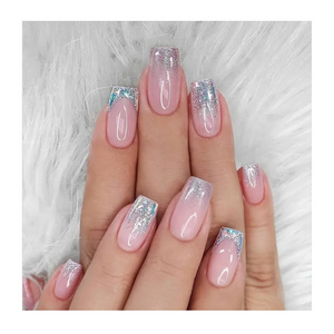 Professional French Glitter 3d Gradient Pink Medium Square False Nails Free DIY Waterproof Reusable Press On Nails