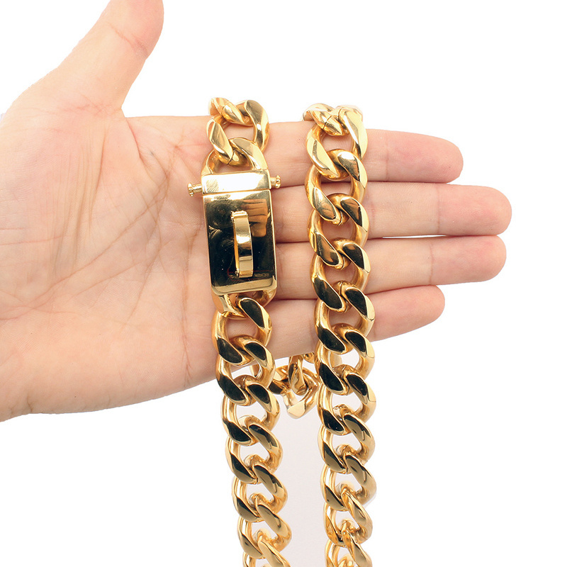 Big Dog Chain Collar with Buckle Strong Heavy Duty 19MM Thick Wide Stainless Steel Metal Gold Cuban Link Chain Collar