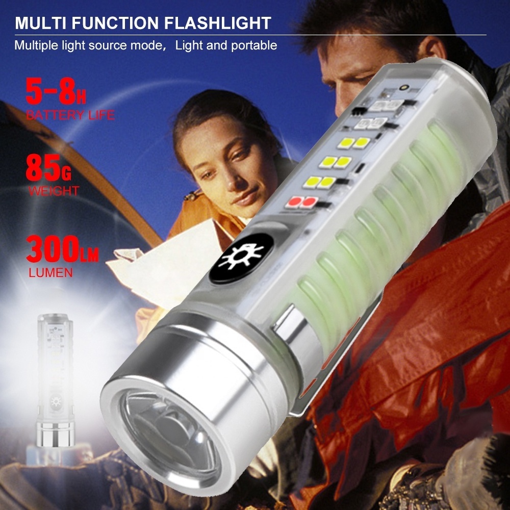 S22 portable Plastic EDC Flashlight 30W Mini Rechargeable 8modes LED Torch Lamp Super Bright 300lm White/red/blue/UV Side Light