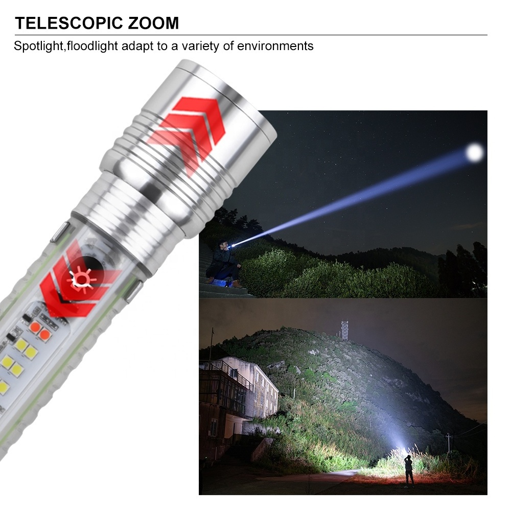 Zoomable Plastic EDC Flashlight 30W Long Distance Mini Rechargeable LED Torch Lamp Super Bright White/red/blue/UV Side Light