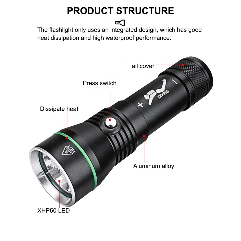 Asafee XHP50 LED Dive Flashlight 2000LM Waterproof 3modes Underwater Scuba Handheld Diving Torch Lamp