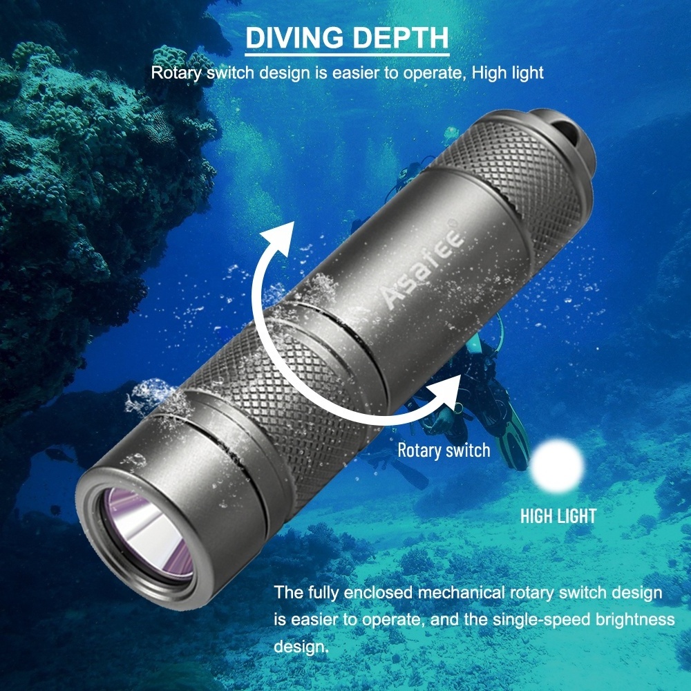 Asafee XPG Mini LED Diving Flashlight 350LM Underwater Freedive Flashlight 18650 Rechargeable Aluminum Backup Diver Torch