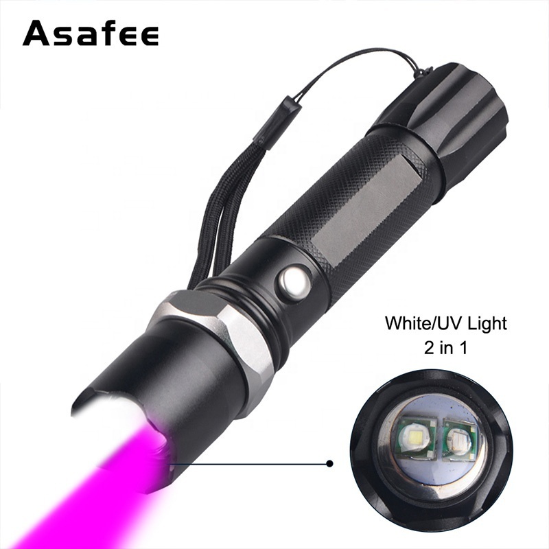 white and purple Two led torch flashlight usb rechargeable portable uv light 2 in 1 White UV Flashlight