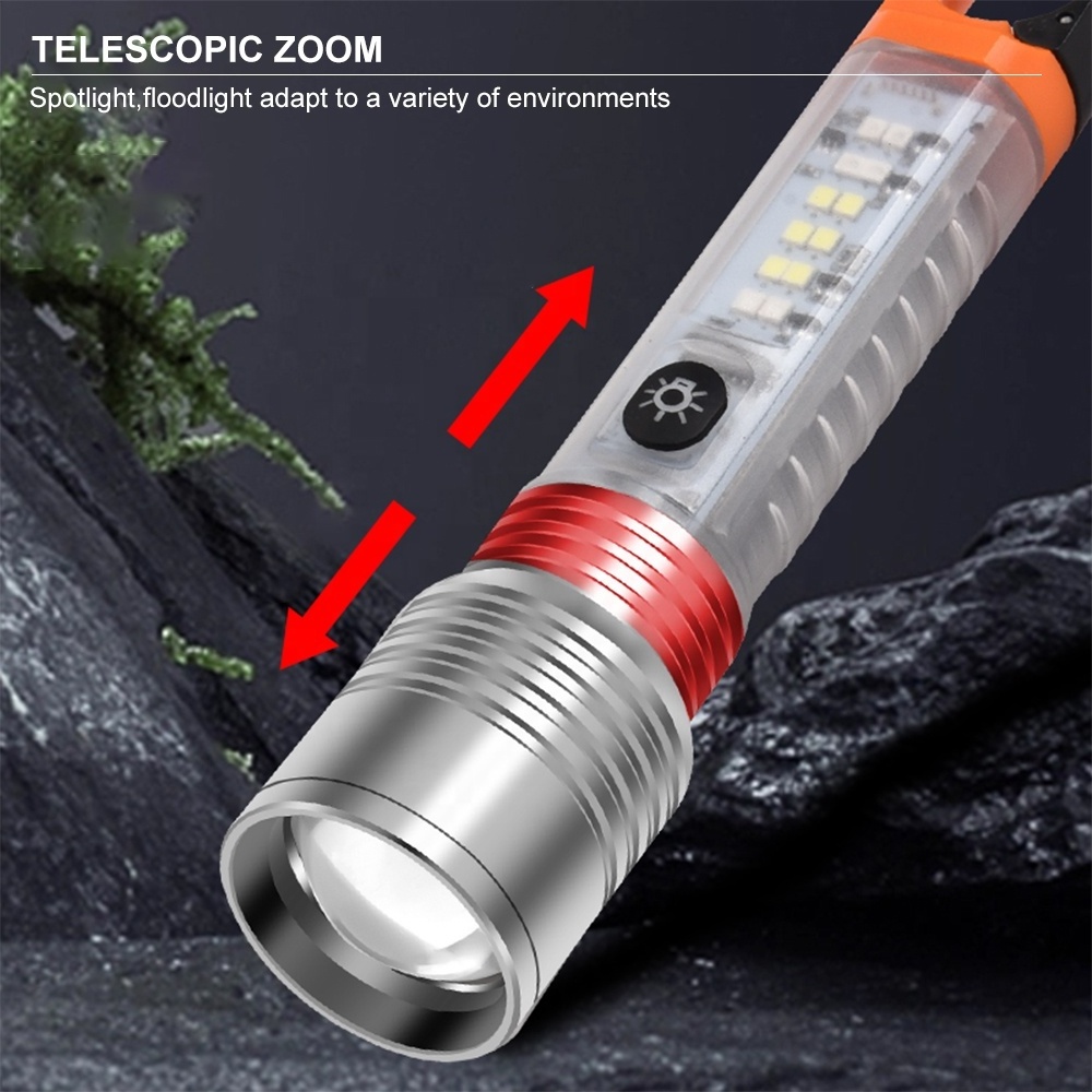 COB multifunction flashlight Waterproof Torch Light USB-C Rechargeable LED COB Zoomable Keychain Camping Flashlight with HOOK