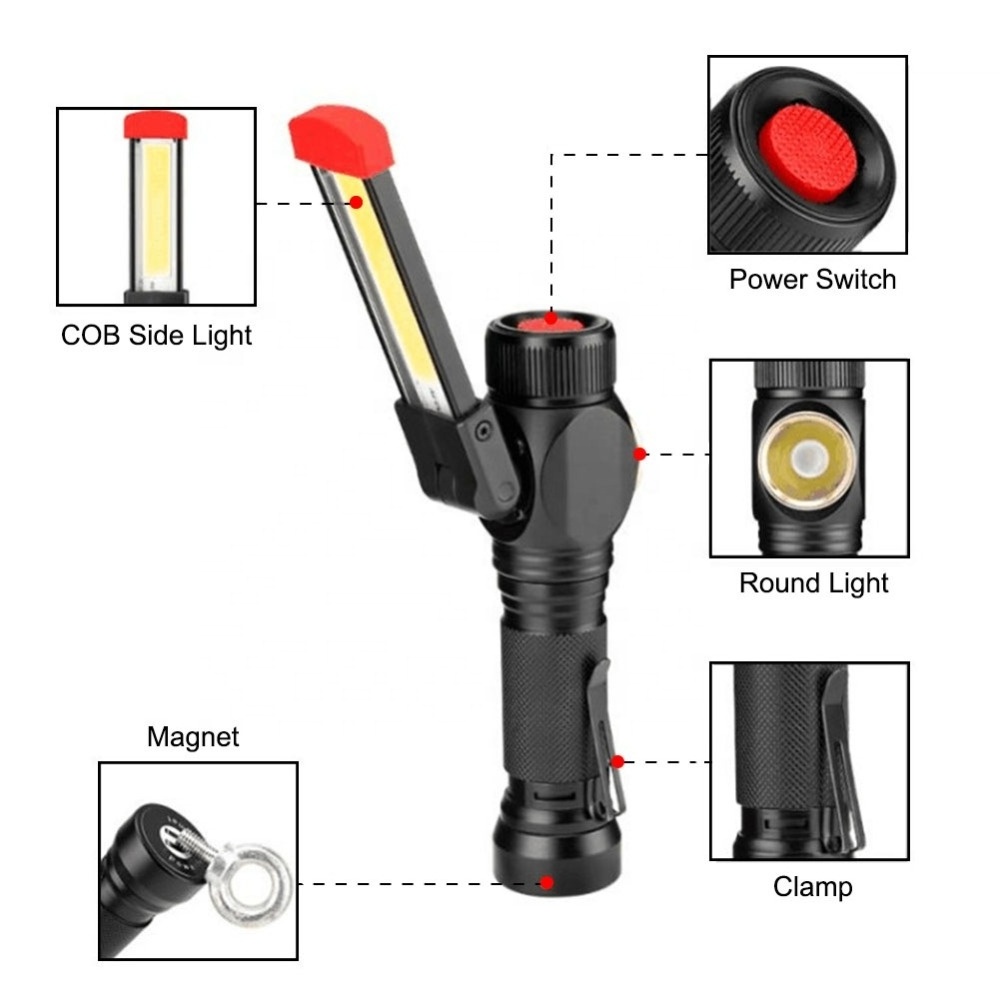 Aluminum multi-functional red led rotating work light flashlight with clip for industrial garage inspection task light