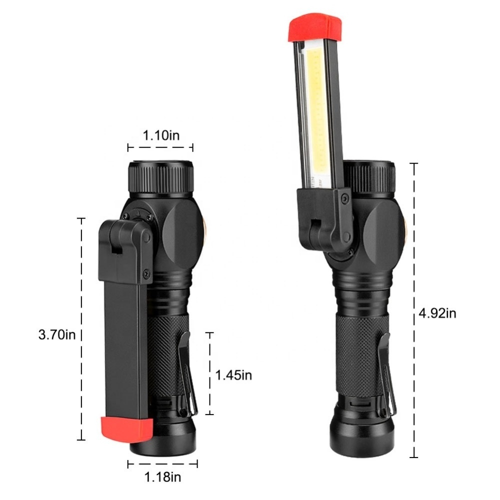 Aluminum multi-functional red led rotating work light flashlight with clip for industrial garage inspection task light