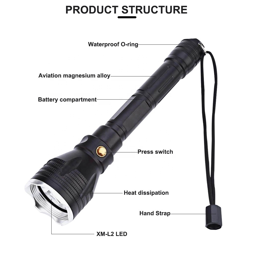 Super bright focus spearfishing flashlight 1200Lumen Underwater 100m rechargeable L2 led diving dive waterproof flashlight lamp