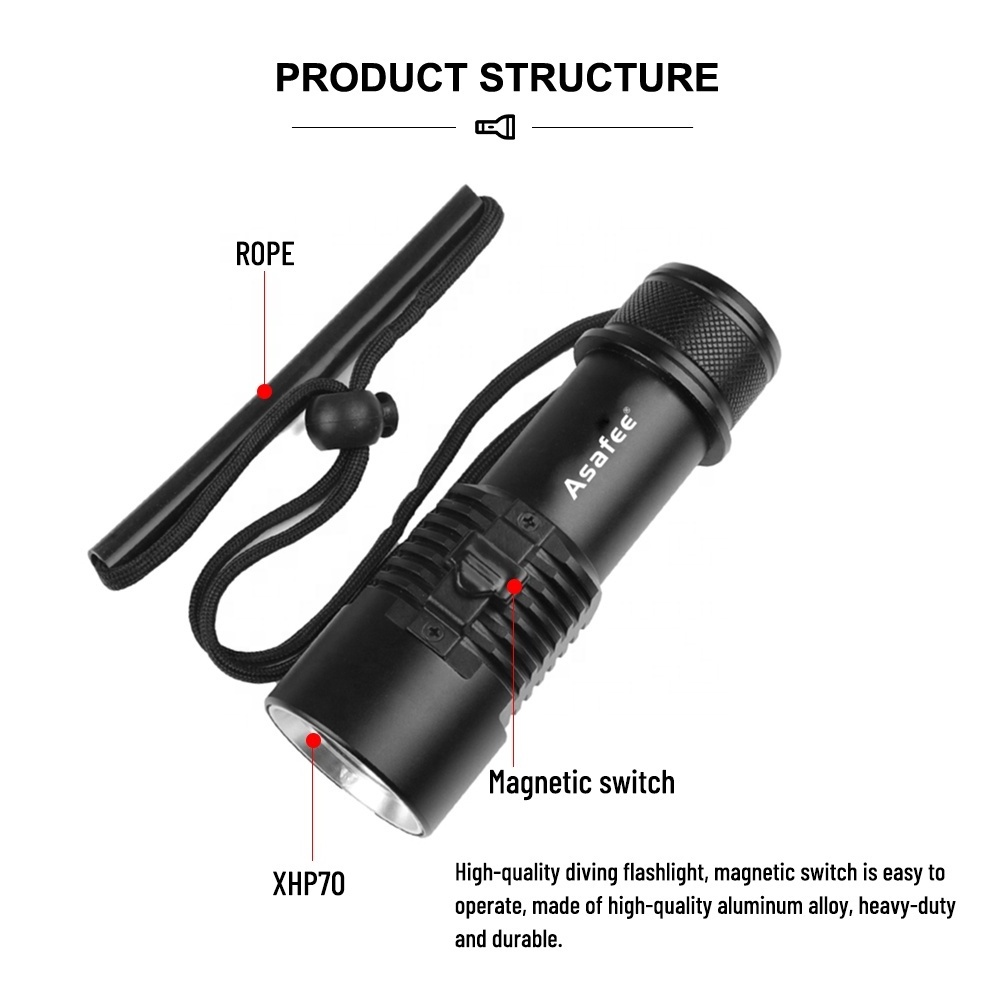 Asafee XHP70 LED Underwater Flashlight 1500LM Waterproof 3modes Magnetic Switch Free Fun Diving Torch Lamp