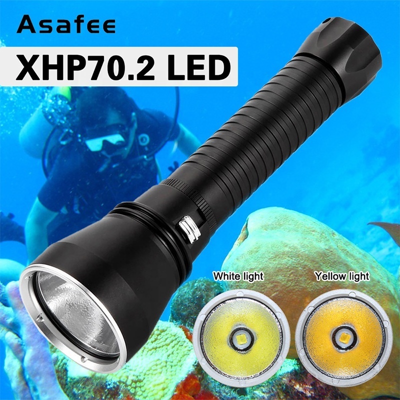 Asafee Powerful XHP70 LED Flashlight Yellow/White Light 4000 Lumens Rechargeable Stepless Dimming Diving Torch Light