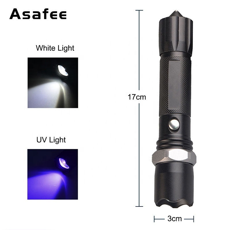 white and purple Two led torch flashlight usb rechargeable portable uv light 2 in 1 White UV Flashlight