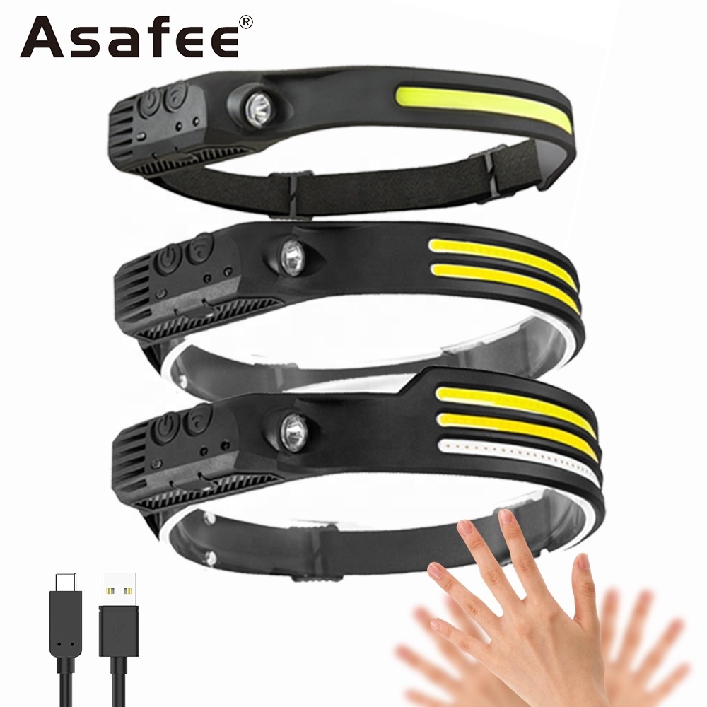 White Yellow Red LED Strip Sensor Headlamp Camping Hunting Flood Rechargeable Head Lamp Type-C Built-in Battery Head Flashlight