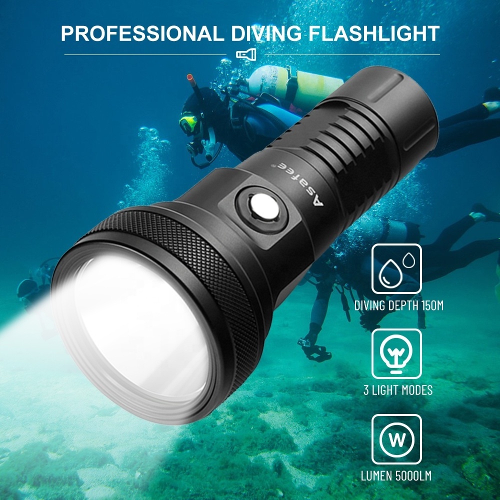 Asafee Powerful Scuba Diving Flashlight 5000lm 26650 Battery Underwater Dive Lights Backup Diving Torch Lamp