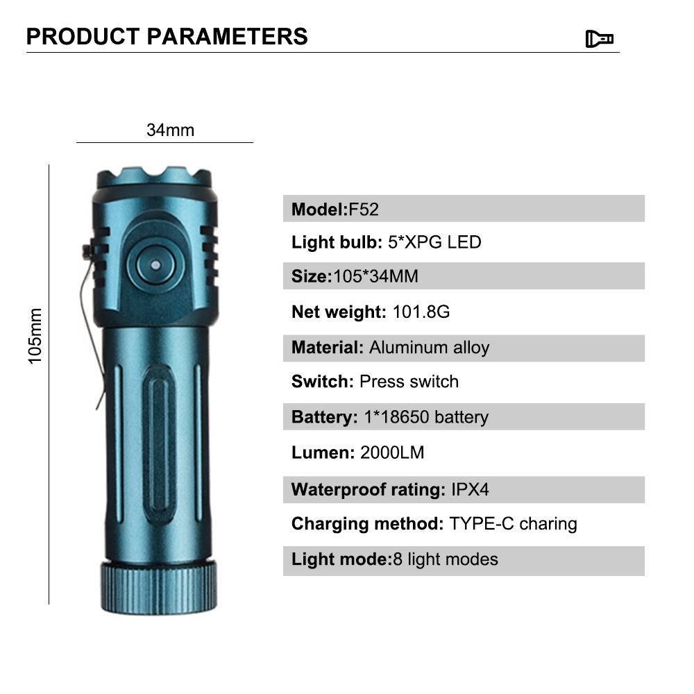 Asafee F52 Mini Pocket EDC Flashlight Outdoor Rechargeable Tactical Torch Light Small Multi Function Rechargeable Flashlight