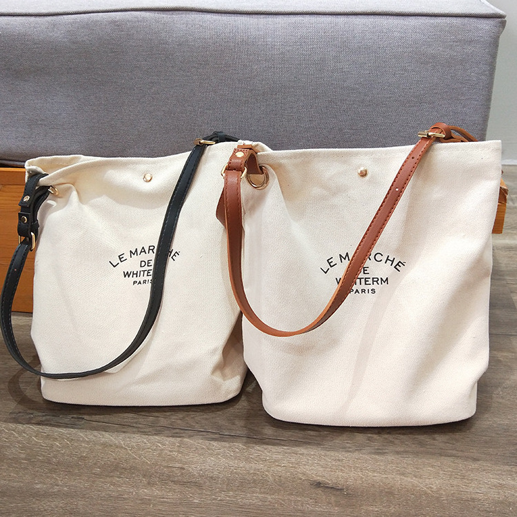 2022 luxury designer custom logo color cotton brown handles tote bag printed canvas tote shoulder bags with leather hand