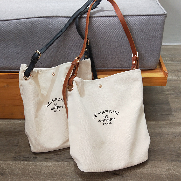 2022 luxury designer custom logo color cotton brown handles tote bag printed canvas tote shoulder bags with leather hand