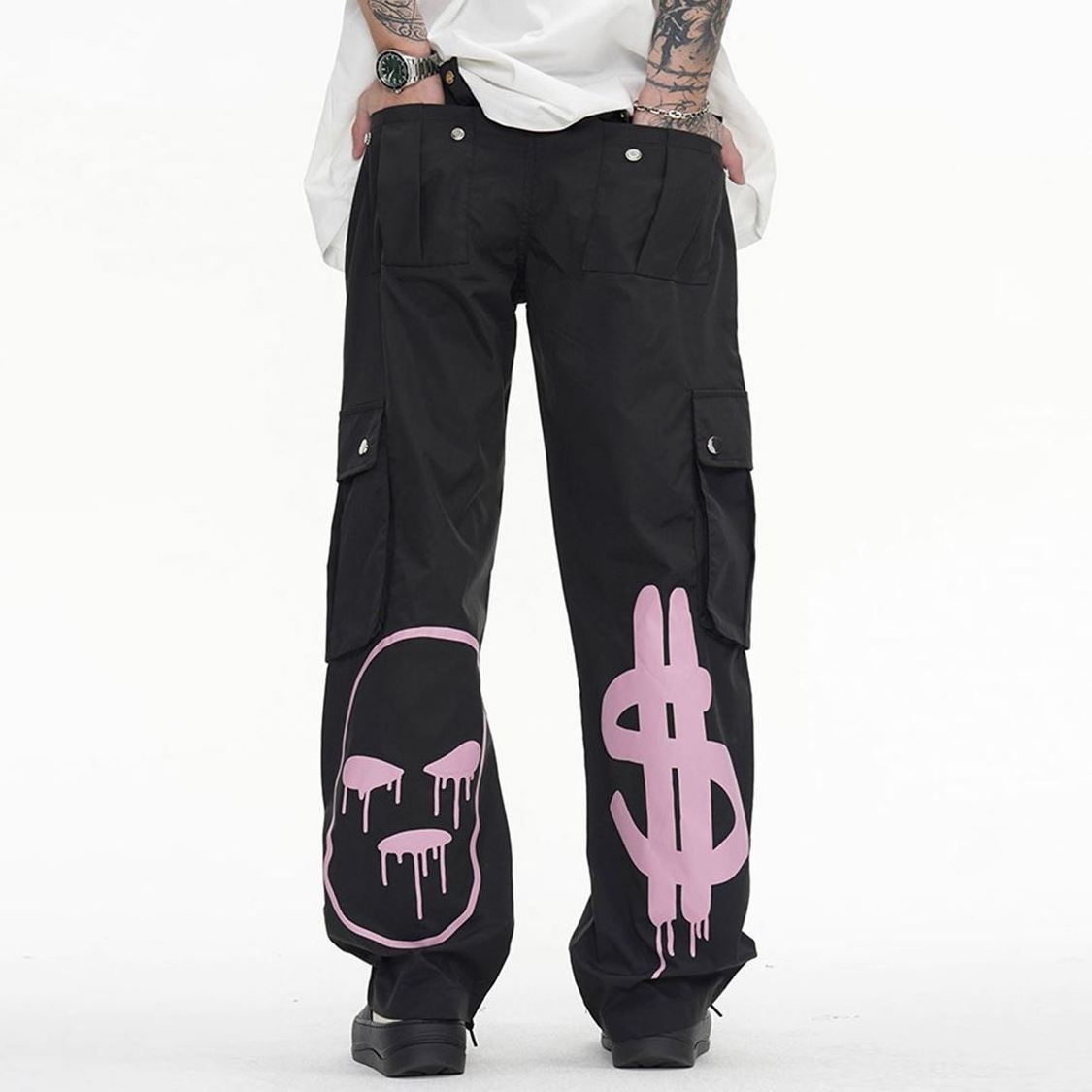 Custom Fashion Streetwear Cargo Sweatpants With Side Pockets OEM Outdoor Plain Black Polyester Baggy Men Cargo Pants