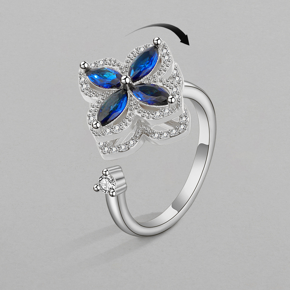 European and American Fashion Four-leaf Clover Rotatable Opening Ring for Women Rotating Crystal Wedding Jewelry