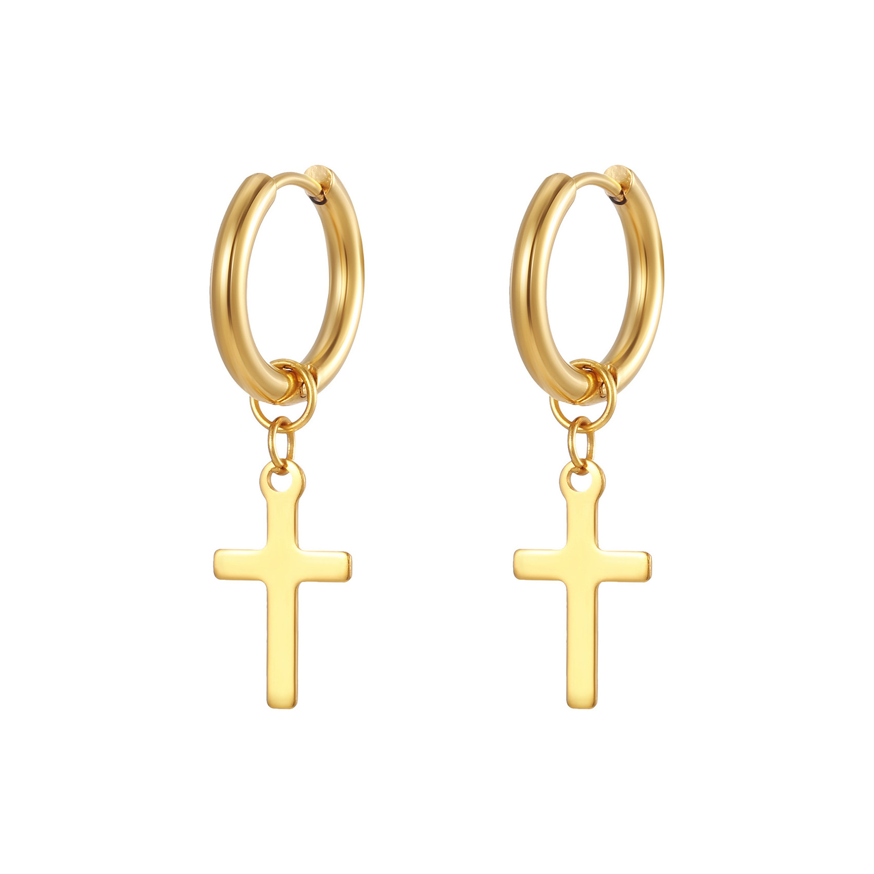 Showfay Earrings 18K Gold Plated Cross Dangle Earrings for Women Men Classic Stainless Steel Cross Pierced Hoops Earrings