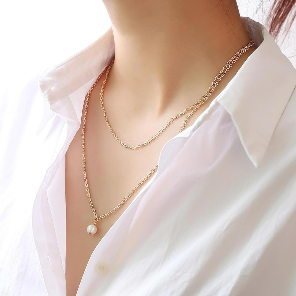 Custom Necklace Simple Double Layer Thin Gold Choker Chain Necklace Pearl Pendant Necklace For Women Wedding Party Jewellery