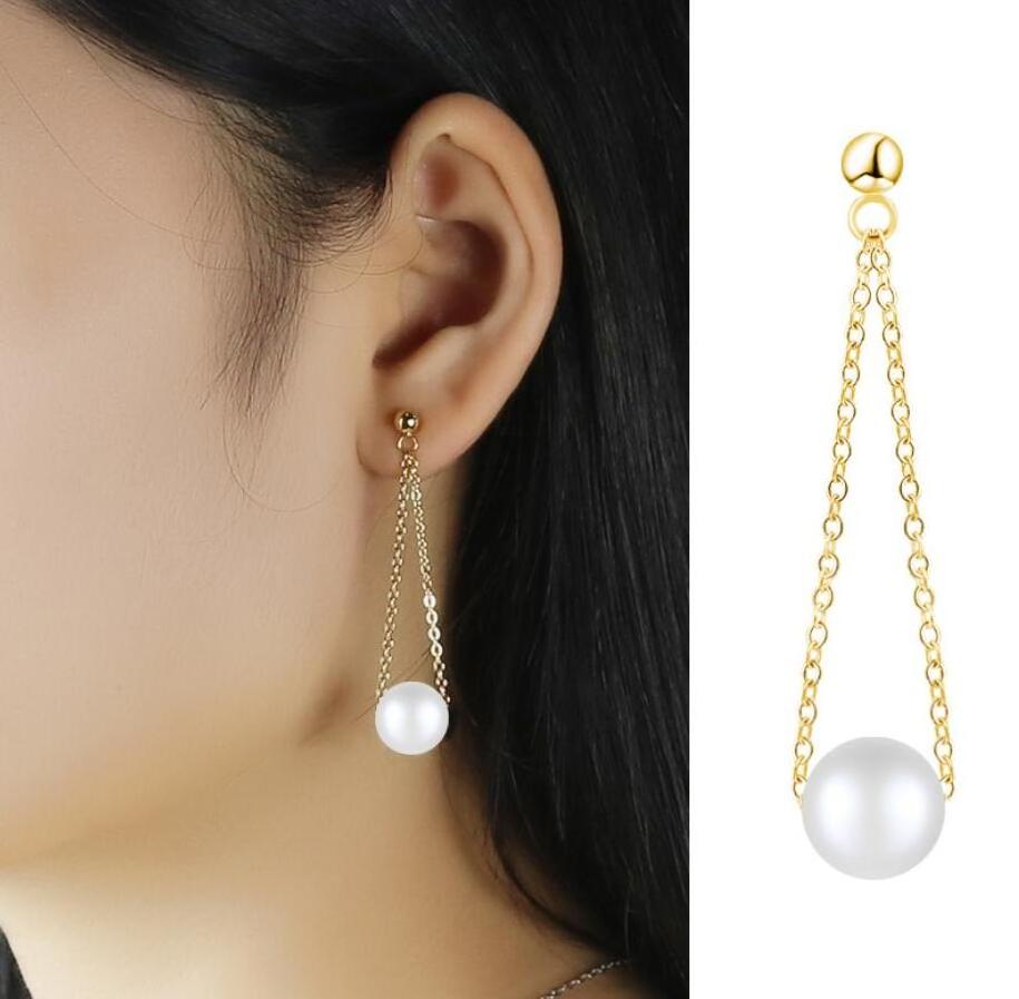 Showfay jewelry custom long stainless steel tassel earrings 18K gold plated thin chain pearl dangle drop earrings