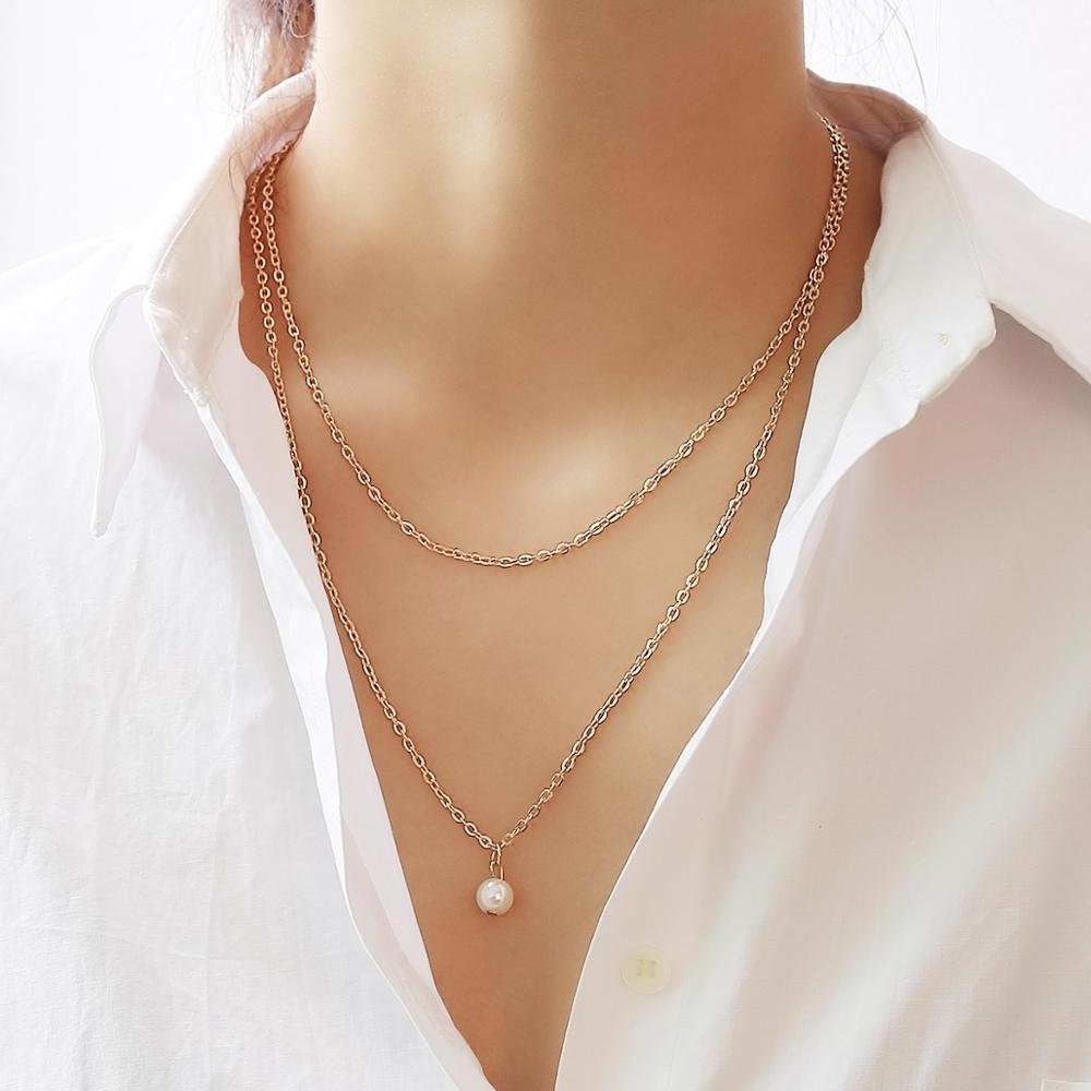 Custom Necklace Simple Double Layer Thin Gold Choker Chain Necklace Pearl Pendant Necklace For Women Wedding Party Jewellery