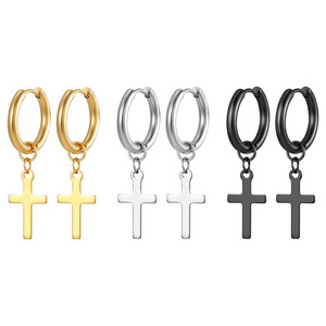 Showfay Earrings 18K Gold Plated Cross Dangle Earrings for Women Men Classic Stainless Steel Cross Pierced Hoops Earrings