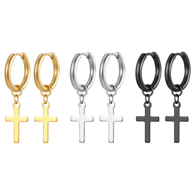 Showfay Earrings 18K Gold Plated Cross Dangle Earrings for Women Men Classic Stainless Steel Cross Pierced Hoops Earrings