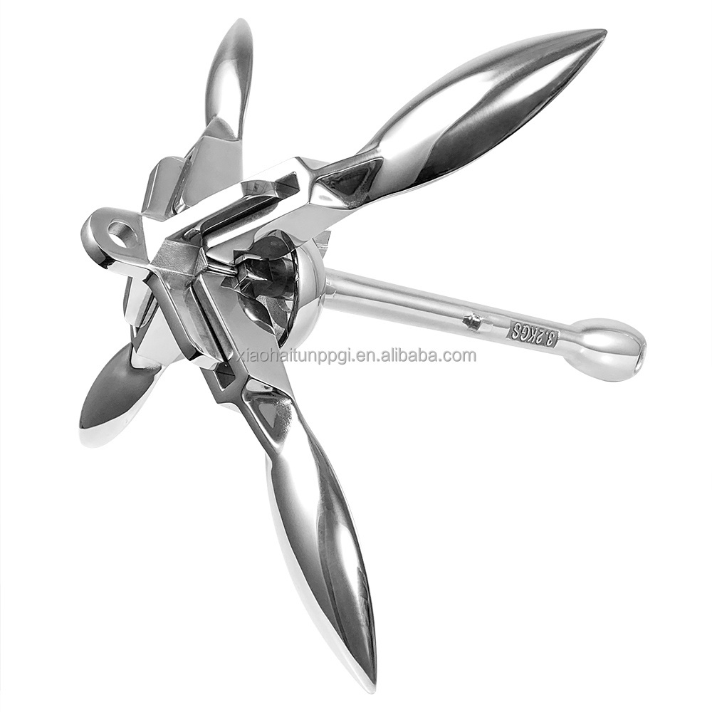 Little Dolphin Manufacturer 8kg Folding Anchor High Mirror polished Marine Grapnel 316 Stainless Steel Folding Boat Anchor