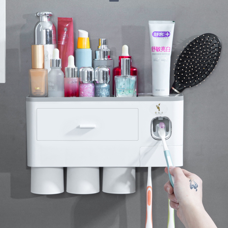 Creative automatic toothpaste squeezer No punch toothbrush cup storage rack Wall-mounted bathroom toothbrush storage rack