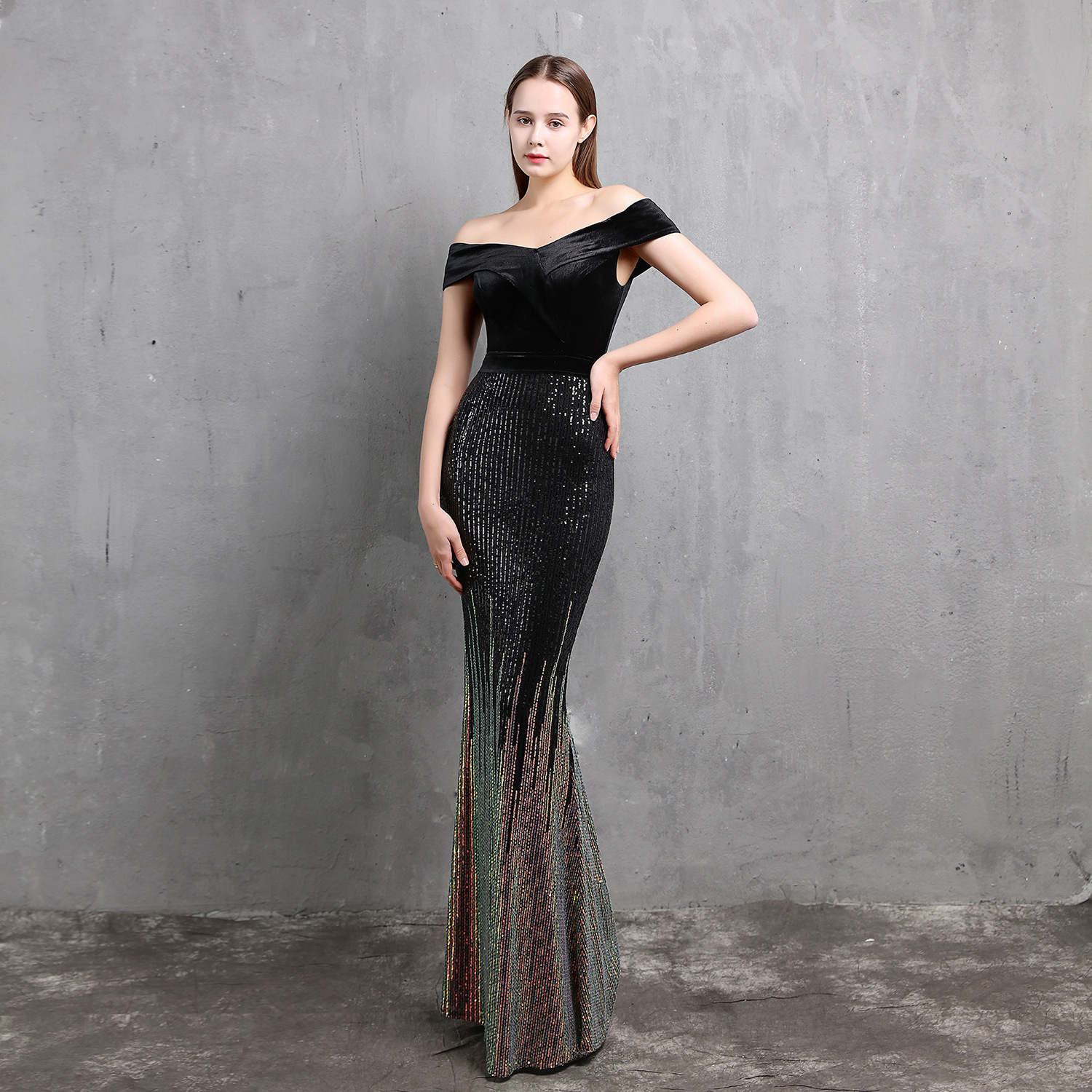 Classic fishtail Evening dress Lady elegant Banquet annual meeting temperament red velvet formal dress