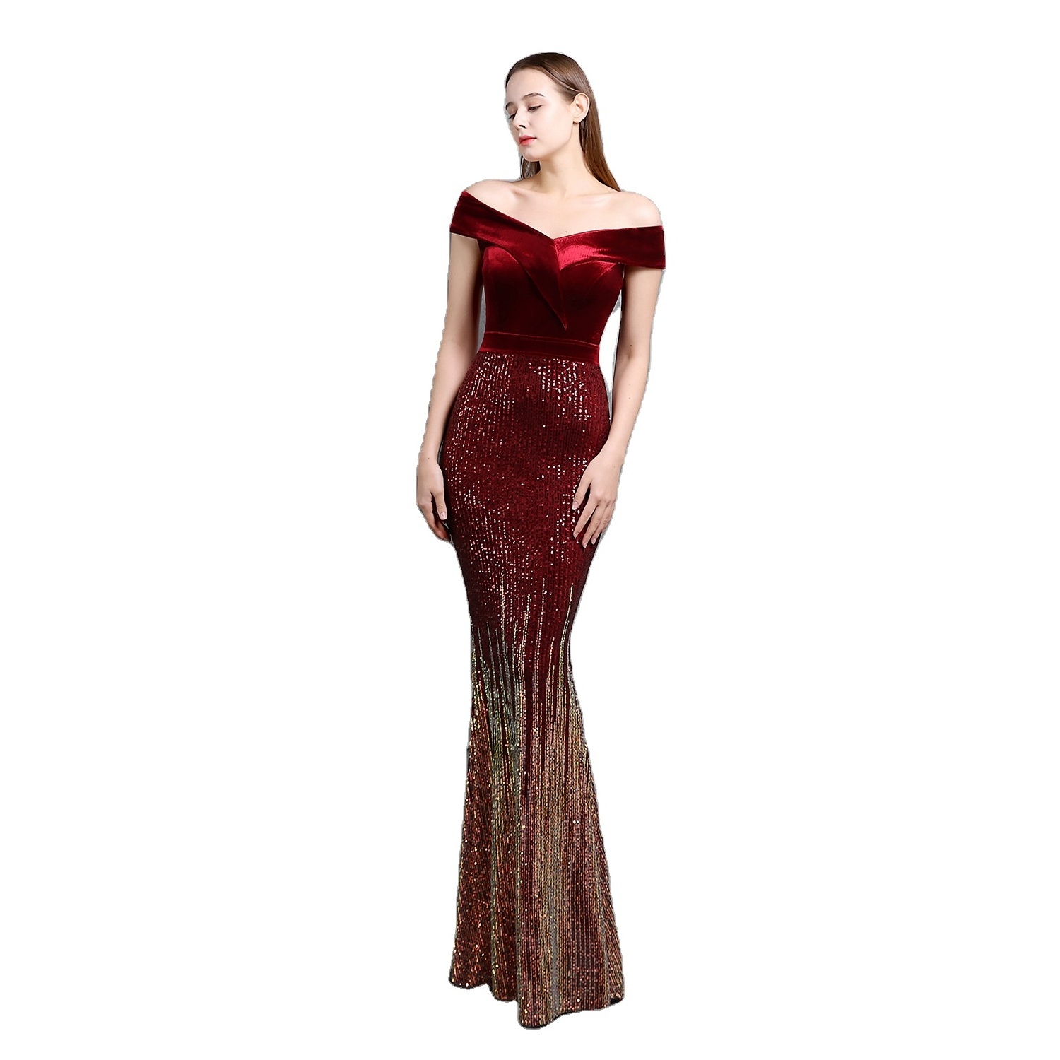 Classic fishtail Evening dress Lady elegant Banquet annual meeting temperament red velvet formal dress