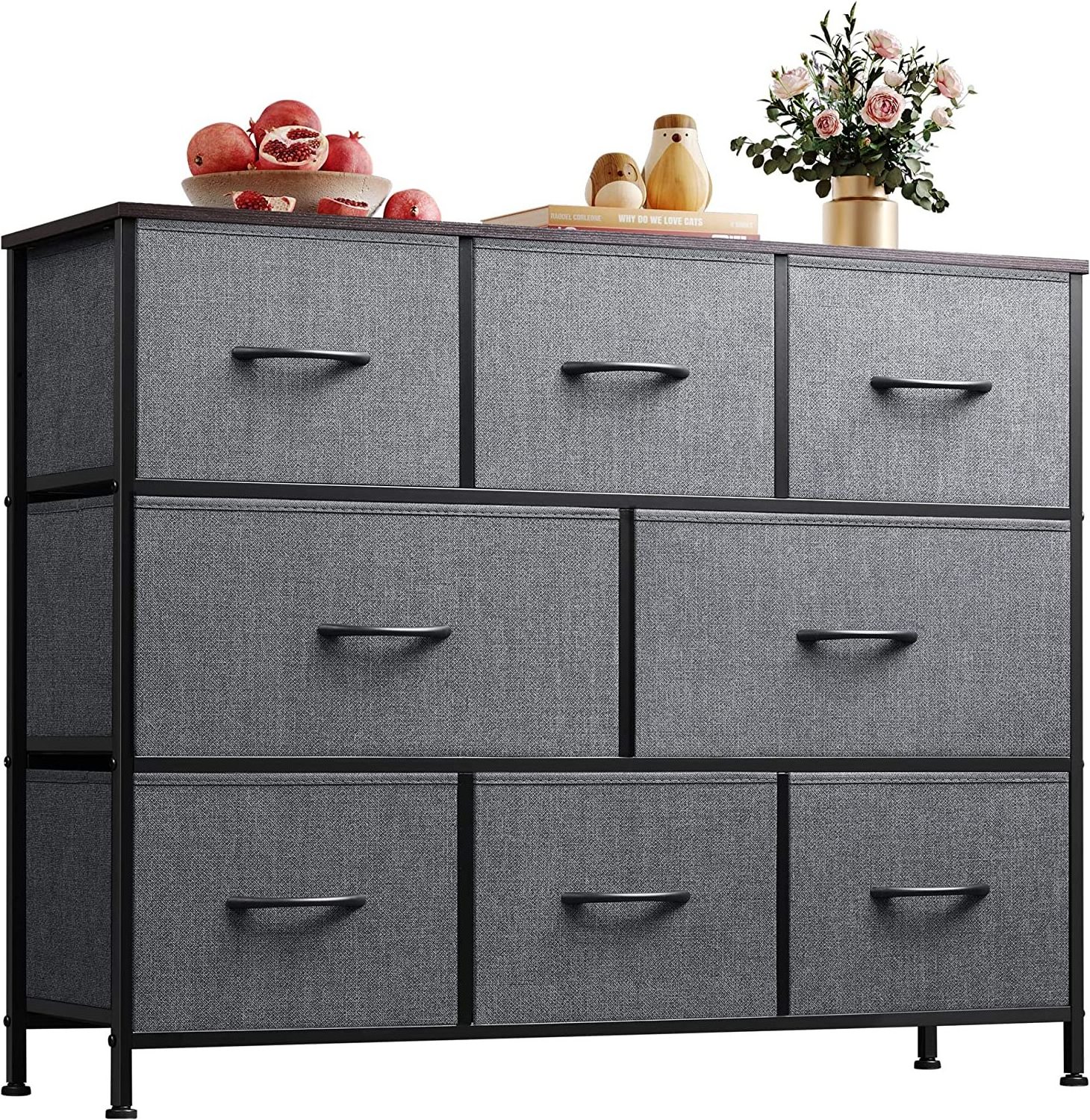 Tall Dark Grey Brown Fabric Storage Tower 9 Drawers Dresser Chest Bedroom Furniture