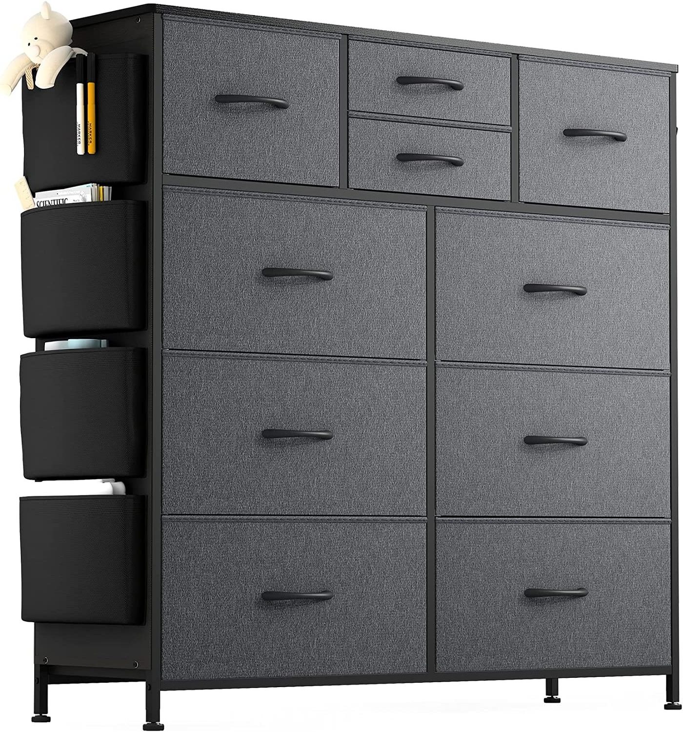 Tall Dark Grey Brown Fabric Storage Tower 9 Drawers Dresser Chest Bedroom Furniture