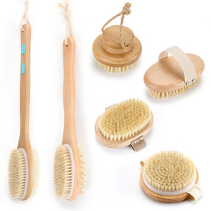 Hot Sell Wooden Skin Scrub Exfoliating Scrubber Bath Brush Long Handle Back Shower Body Brush with with Soft and Stiff Bristles