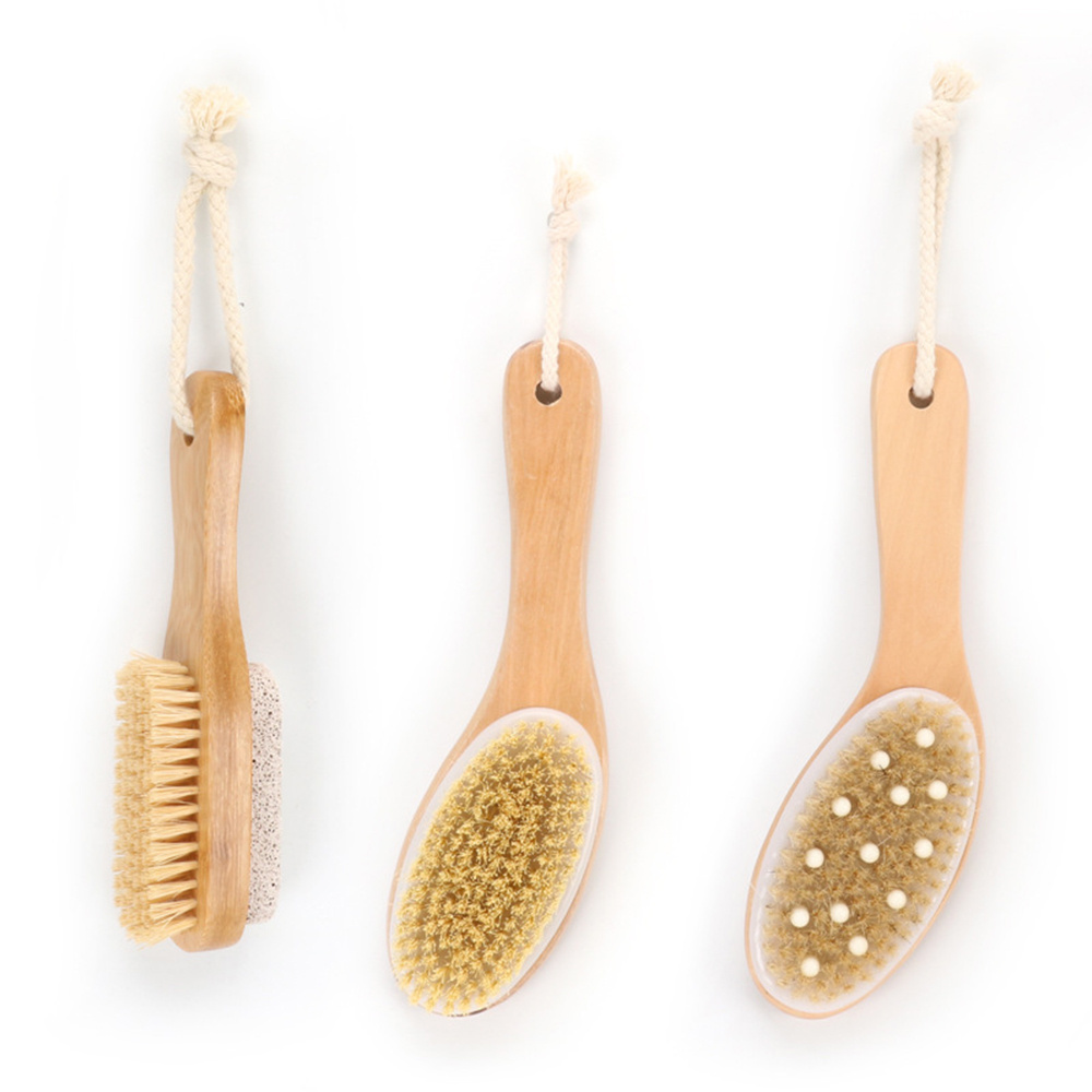 Hot Sell Wooden Skin Scrub Exfoliating Scrubber Bath Brush Long Handle Back Shower Body Brush with with Soft and Stiff Bristles