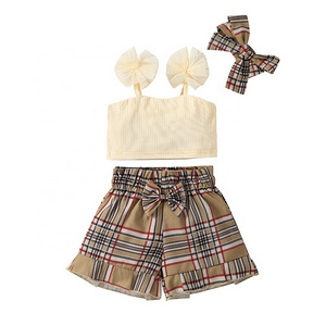 Hot selling summer tropical style light color top Plaid Shorts children's clothing 2-piece set