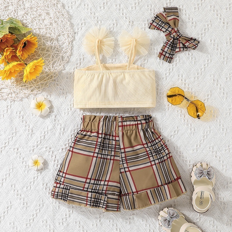 Hot selling summer tropical style light color top Plaid Shorts children's clothing 2-piece set