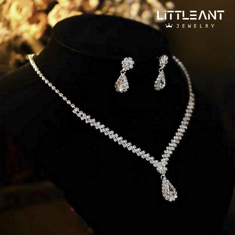 New Luxury Rhinestone Water Drop Earrings Natural Crystal Necklace Bridal Jewelry Set for Wedding