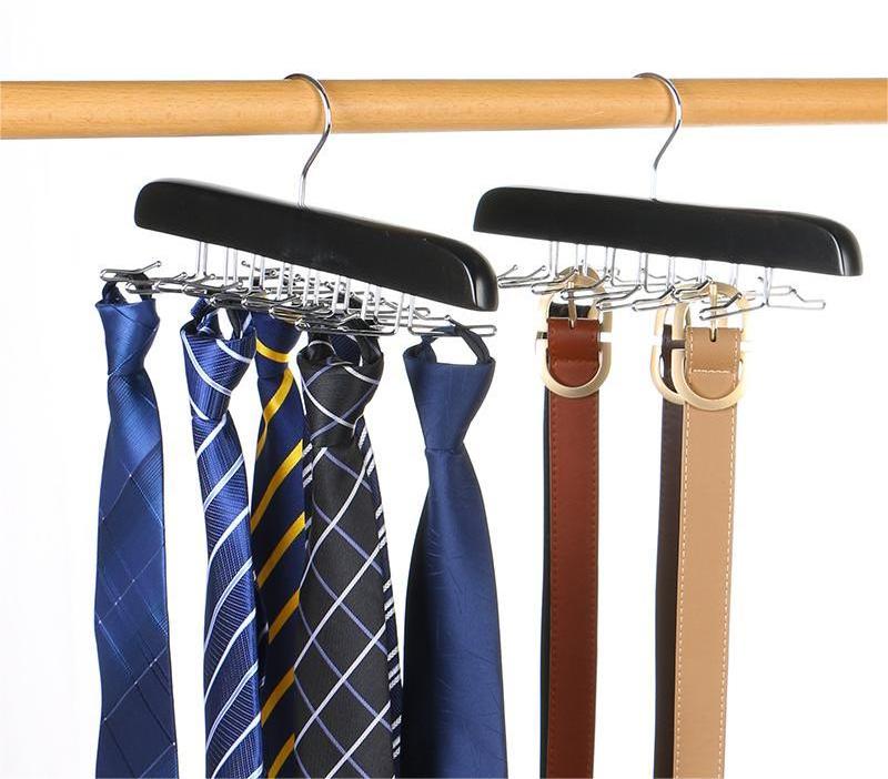 Wooden Tie Scarf Belt Hanger & Rack Tie Storage Organiser Holder 16 Hooks Removable