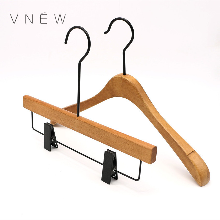 Wooden Hangers for Clothes Custom Logo Personalized Metal Wood Coat Hanger with Black Clips Long Metal Hook