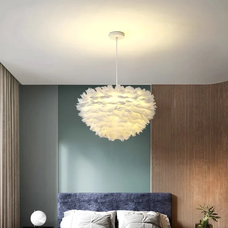 Nordic feather chandelier Bedroom Children's warm romantic room Creative ins lighting study