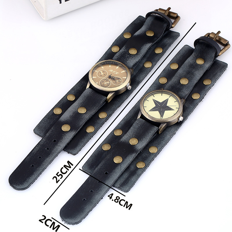 Hot Sale Retro Luxury Stylish New Style Punk Rock Brown Big Wide Leather Bracelet Cuff Men Watch Cool Man Wrist