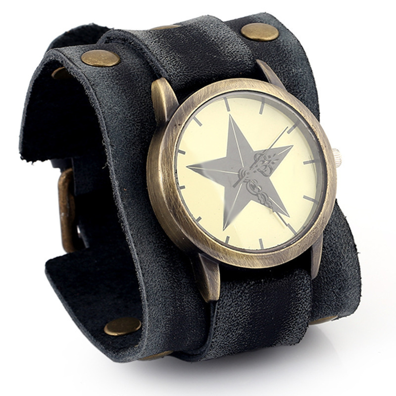 Hot Sale Retro Luxury Stylish New Style Punk Rock Brown Big Wide Leather Bracelet Cuff Men Watch Cool Man Wrist