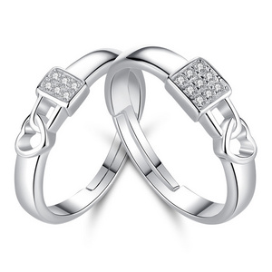 Silver Plated Lock Heart Finger Rings Square Tiny Crystal Diamond Ring Romantic Heart Couple Lover Rings