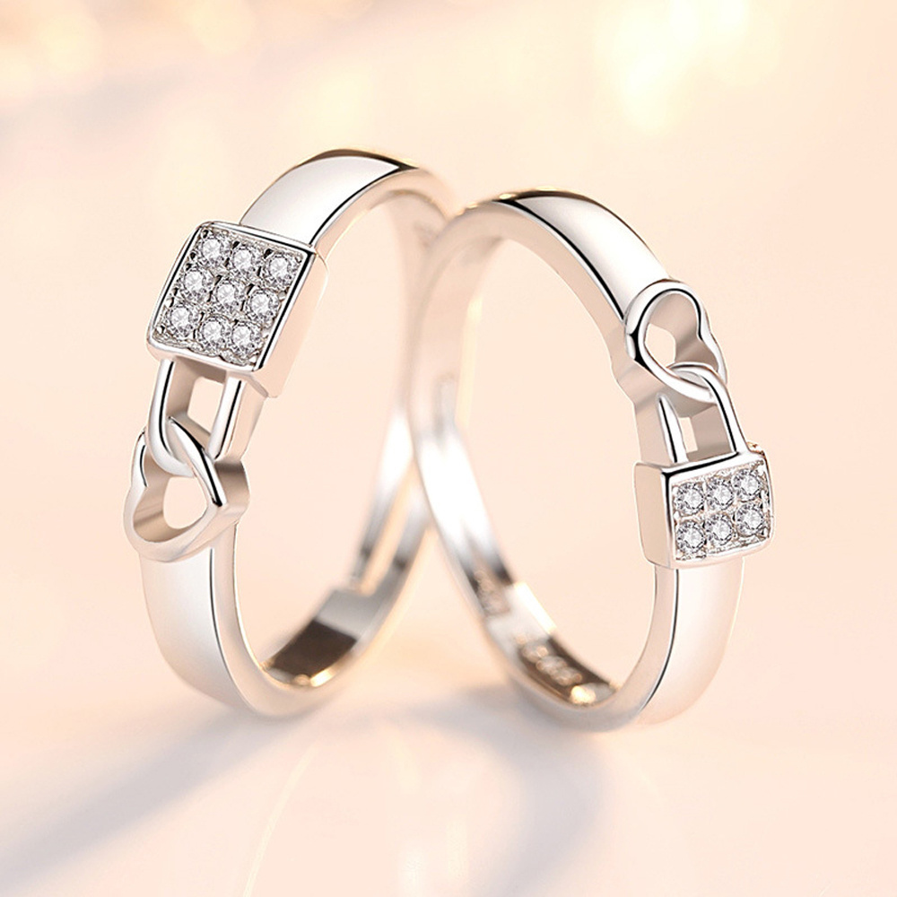 Silver Plated Lock Heart Finger Rings Square Tiny Crystal Diamond Ring Romantic Heart Couple Lover Rings