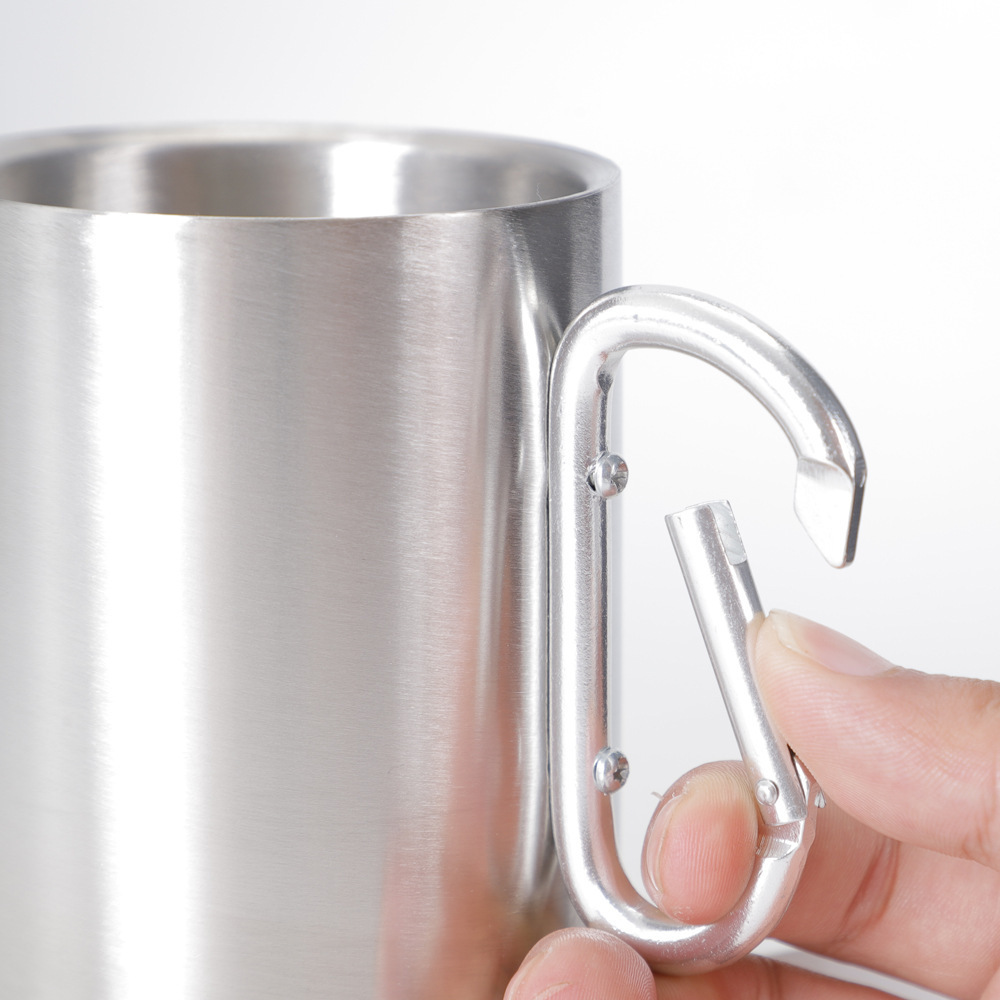 Portable Cup 10oz Stainless Steel Camping Carabiner Mug Thermal Hook Handle, Carabiner Stainless Steel Double Walled Travel Mug