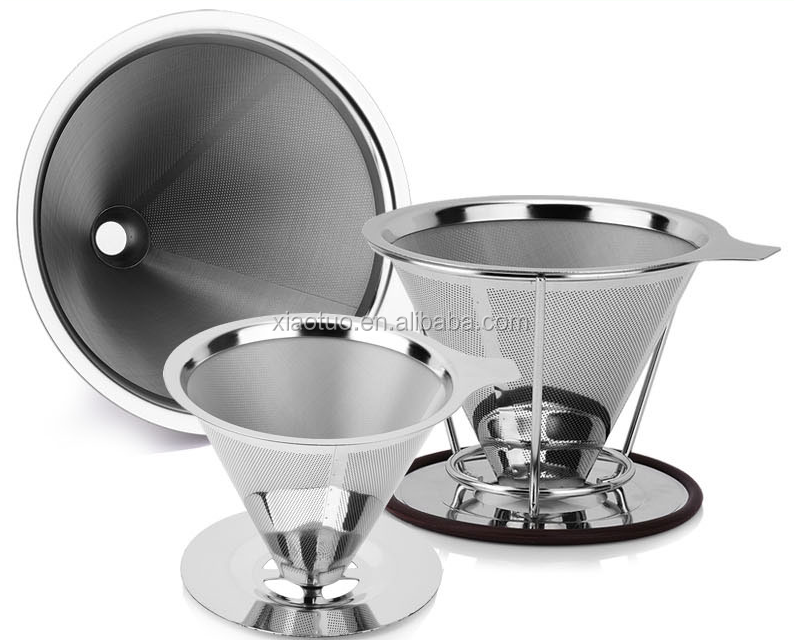 Stainless Steel Pour Over Coffee Dripper Slow Drip Brew Double Mesh Coffee Filter Paperless Reusable Metal Cone Filter