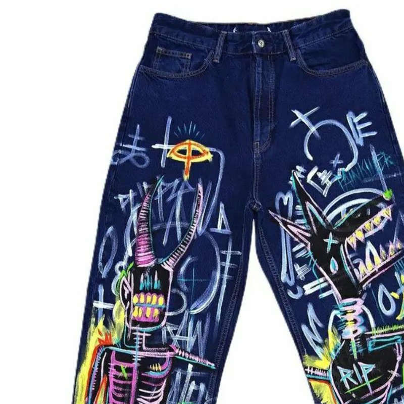 Xiaoxin Crazy Graffiti Print Brand Logo Denim Taper Pants Boys's Fashion New Man Jeans  High Quality Casual Loose Jeans