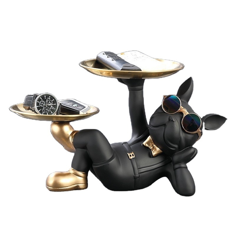 2024 new products French Bulldog Butler Statue with Double Trays for Keys Holder Cool Dog with Glasses Animal Resin Sculpture